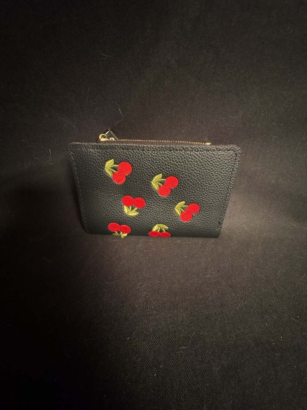 Black PU Leather Cherry Embroidered Coin Purse Wallet
